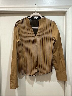 Pleated-Trim Camel Button-Front Blouse
